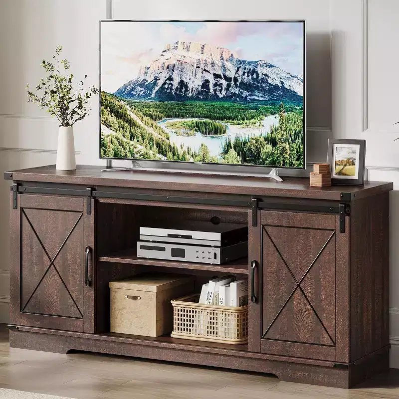 Farmhouse TV Stand and Entertainment Center for TV Up to 65 Inches with Sliding Barn Doors and Adjustable Shelf, for Living Room, Bedroom