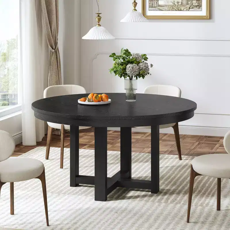 45-Inch Round Solid Wood Dining Table with Cross X Base, Black