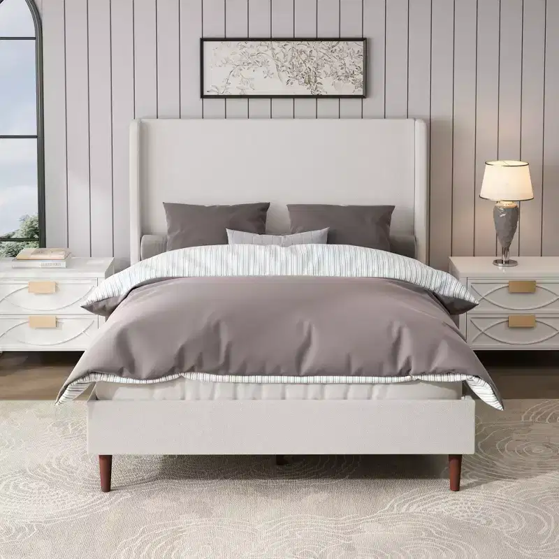 Queen/King Upholstered Bed Frame, Chenille High Headboard, No Box Spring Needed