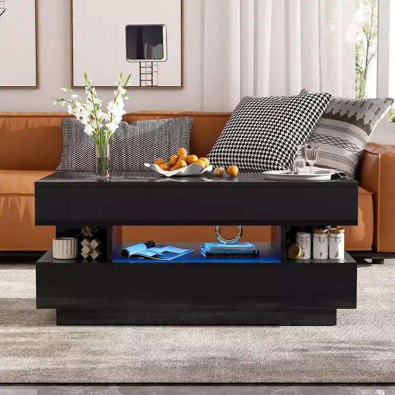 Modern Lift-Top Coffee Table, 2 Hidden Drawers in High Gloss Finish, Rectangle Multi-Functional Accent Center Table for Living Room