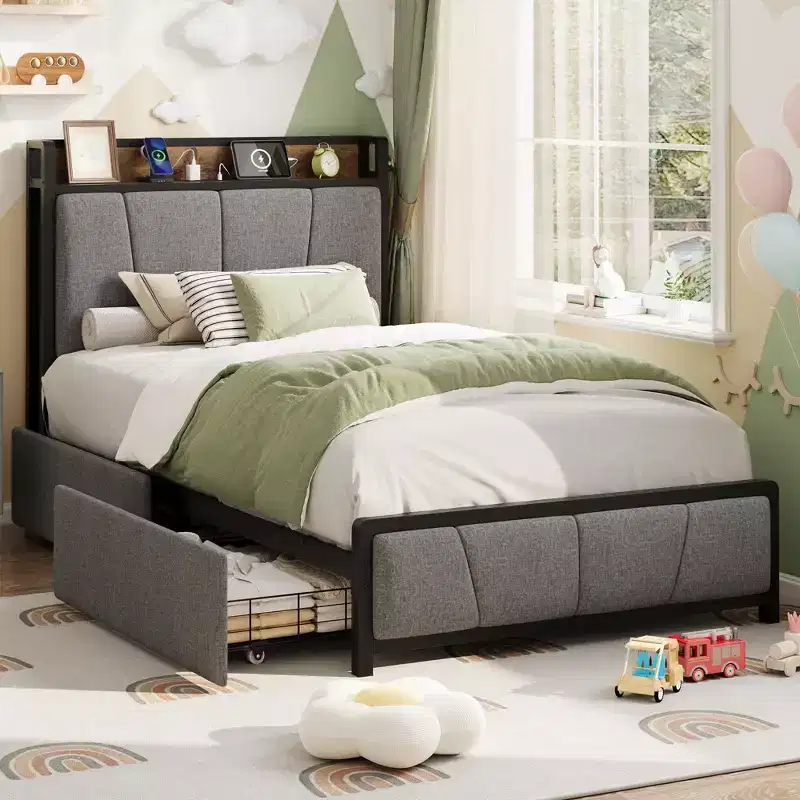 Bed Frame with 2 Storage Drawers and Charging Station, Rustic Linen Upholstered Platform Bed with Storage Headboard