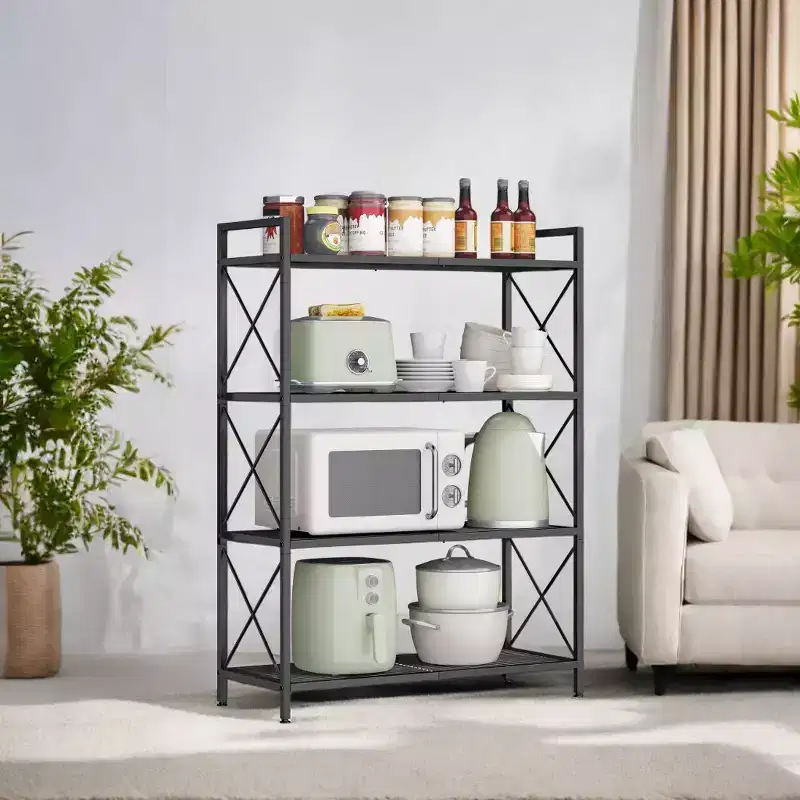 LEDREM Ink Black 4 - Tier Metal Storage Rack with X Side Frames and Dense Mesh, Sized 12.6 x 31.5 x 44.3 Inches. Ideal Industrial Style Shelving Unit