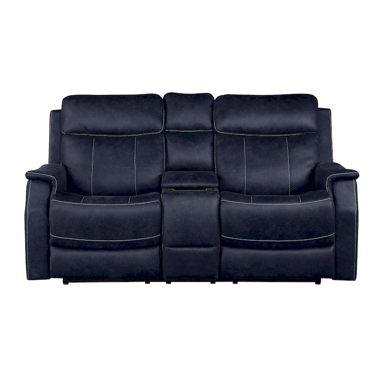 Ocean Blue / Walnut Brown Faux Leather Power Reclining Console Loveseat for 2
