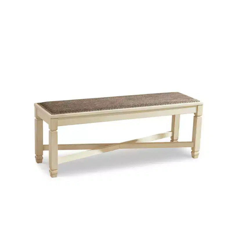 Antique White Upholstered Dining Bench, Seats 2