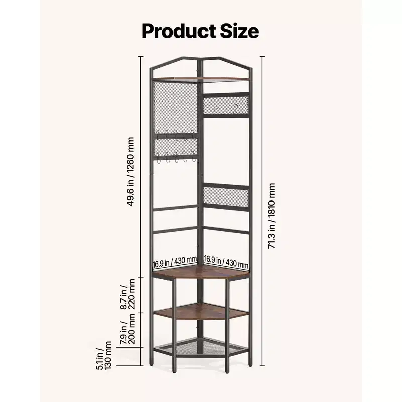 Corner Hall Tree, 71.3 in Coat Rack with Hooks, Top Shelf & Steel Frame, Freestanding Clothes Shoes Rack Storage Organizer, Black+Brown