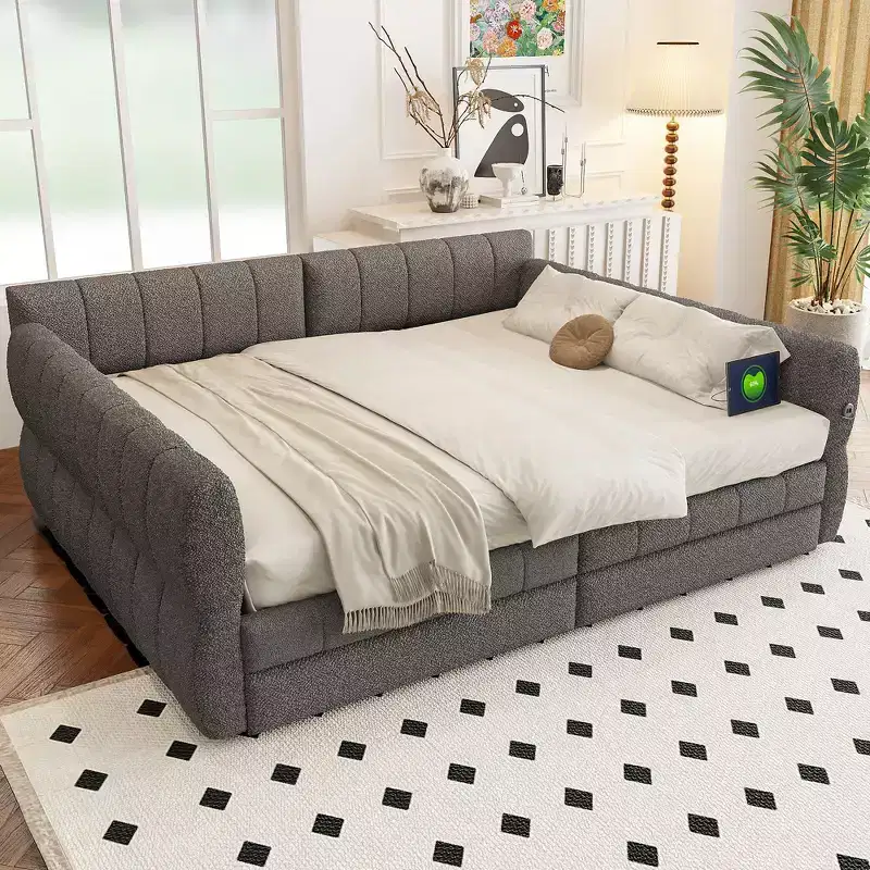 Queen Size Platform Bed, Upholstered Storage Bed Frame with USB Ports and 2 Drawers/Trundle