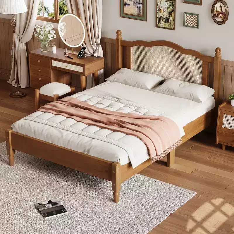 Full Size Wooden Platform Bed Frame, Vintage Bed Frame with Natural Rattan Headboard, Wooden Slat Support