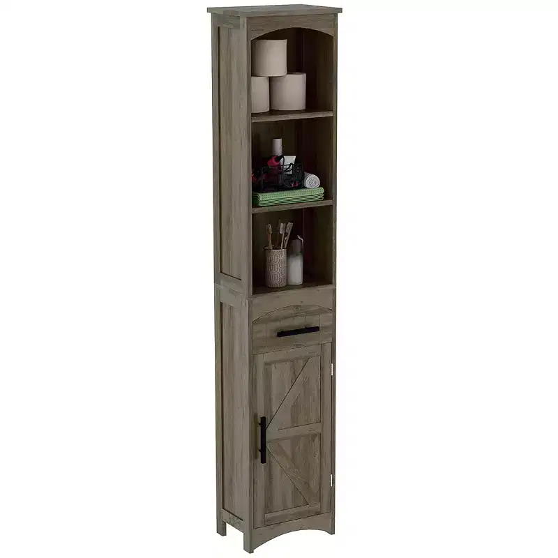 HOMCOM Farmhouse Narrow Bathroom Storage Cabinet with Recessed Drawer, Tall Slim Storage Cabinet with Barn Door