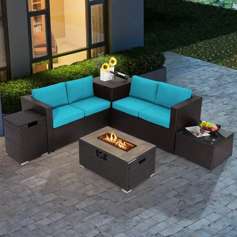 Costway 6PCS Patio Rattan Furniture Set 32'' Fire Pit Table Tank Holder with Cover Beige/Navy/Red/Turquoise