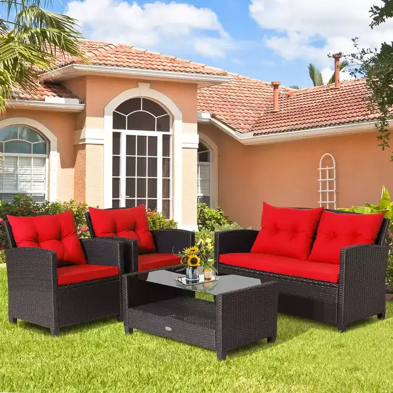 Costway 8 PCS Patio Rattan Furniture Set Glass Table Shelf Sofa Cushion Black/Red/Turquoise/Navy/Gray