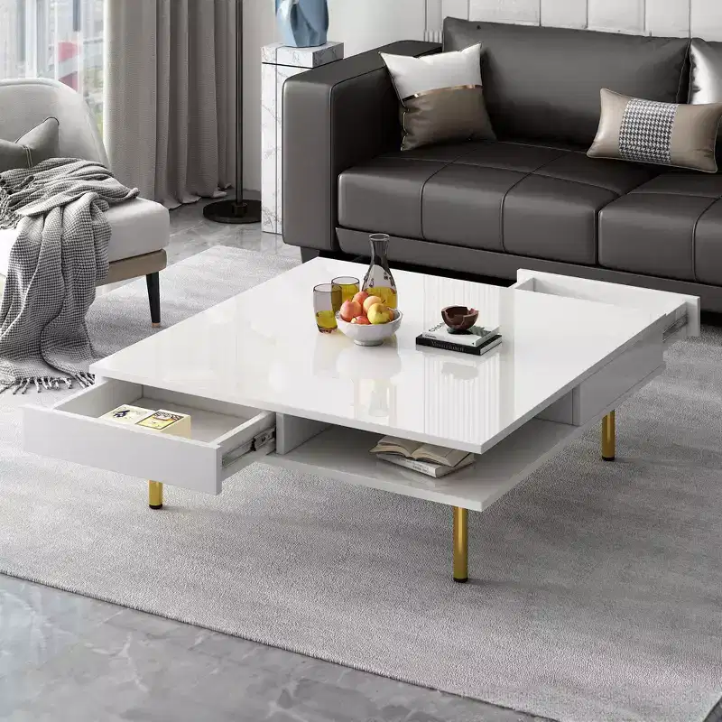 Square Coffee Table for Living Room, High Gloss Modern Center Table, White