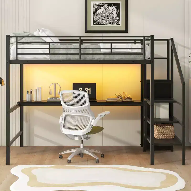 Full Size Metal Loft Bed with Desk, Storage Staircase and Small Wardrobe  ModernLuxe