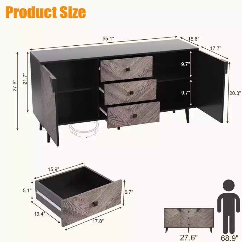 CuisinSmart Freestanding Storage Accent Cabinet, Buffet Cabinet with Drawers&Doors, Wood Sideboard Buffet with Storage for Dining Room
