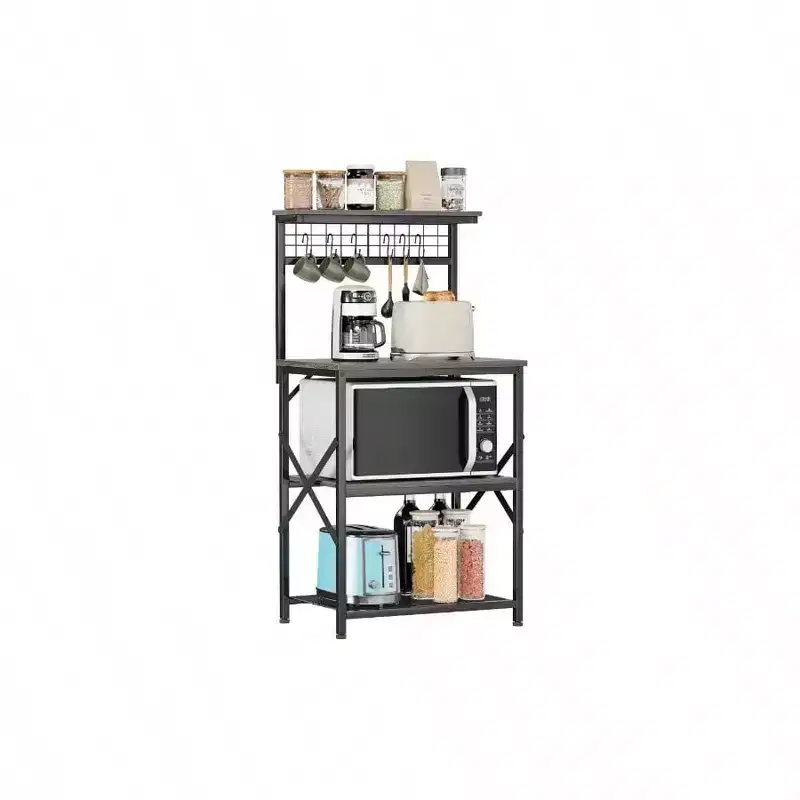 Kitchen Bakers Rack Microwave Stand 4 Tiers Coffee Bar Station with 6 S Hooks Pegboard Black Oak Storage Shelves for Spices