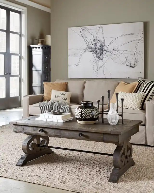 50 Traditional Coffee Table with Storage - Dark Brown Pine with Scroll Design Wood Base