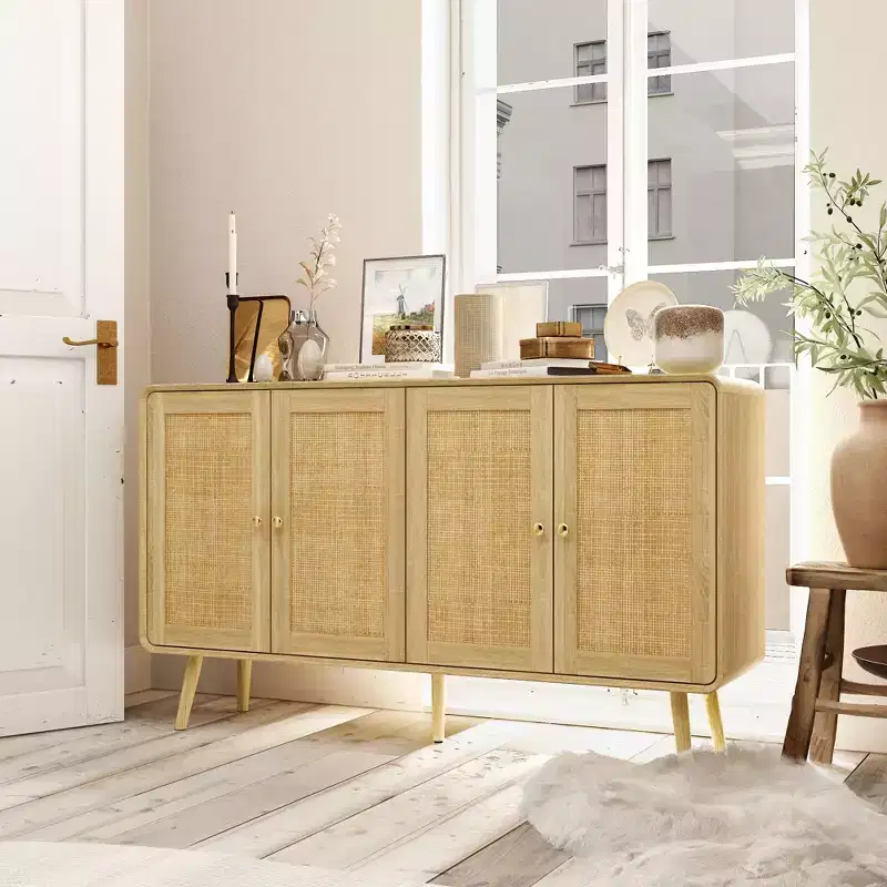 Famapy Boho - Inspired Storage Cabinet with Rattan - Woven Doors and Gold Handles - Versatile for Bedroom, Study, Restaurant & Living Room