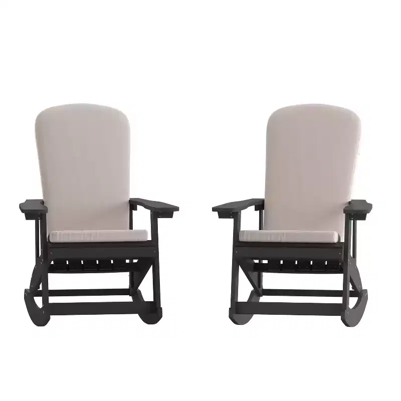 Emma and Oliver Set of 2 All-Weather Poly Resin Adirondack Rocking Chairs with Cushions