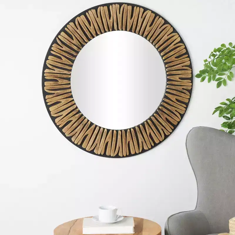 36"x36" Wood Handmade Abstract Carved Wall Mirror - Olivia & May: Bohemian Style, Pine Frame