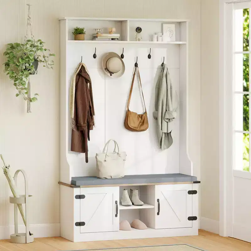 Costway 68.5'' 4-in-1 Hall Tree w/Cushioned Bench Shoe Storage 7 Hooks 2 Cabinets White