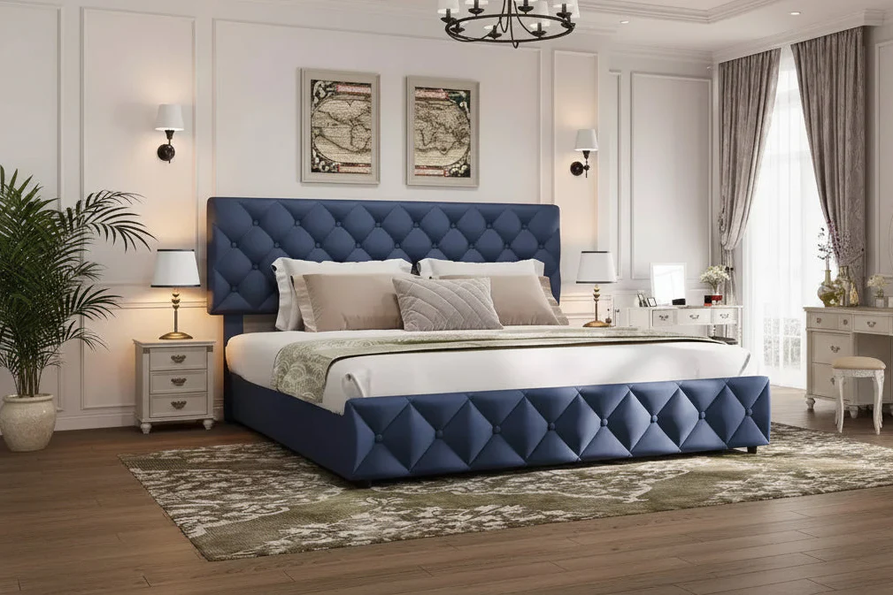 Faux Leather Platform Bed Frame with 4 Storage Drawers, Adjustable Headboard, No Box Spring Needed, Queen Size (Blue)
