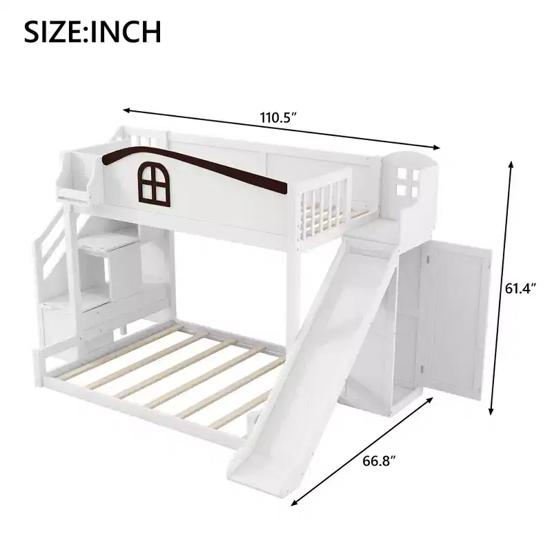 Twin over Full Bunk Bed with Slide, Shelves, Storage Staircase and Wardrobe for Kids' Room