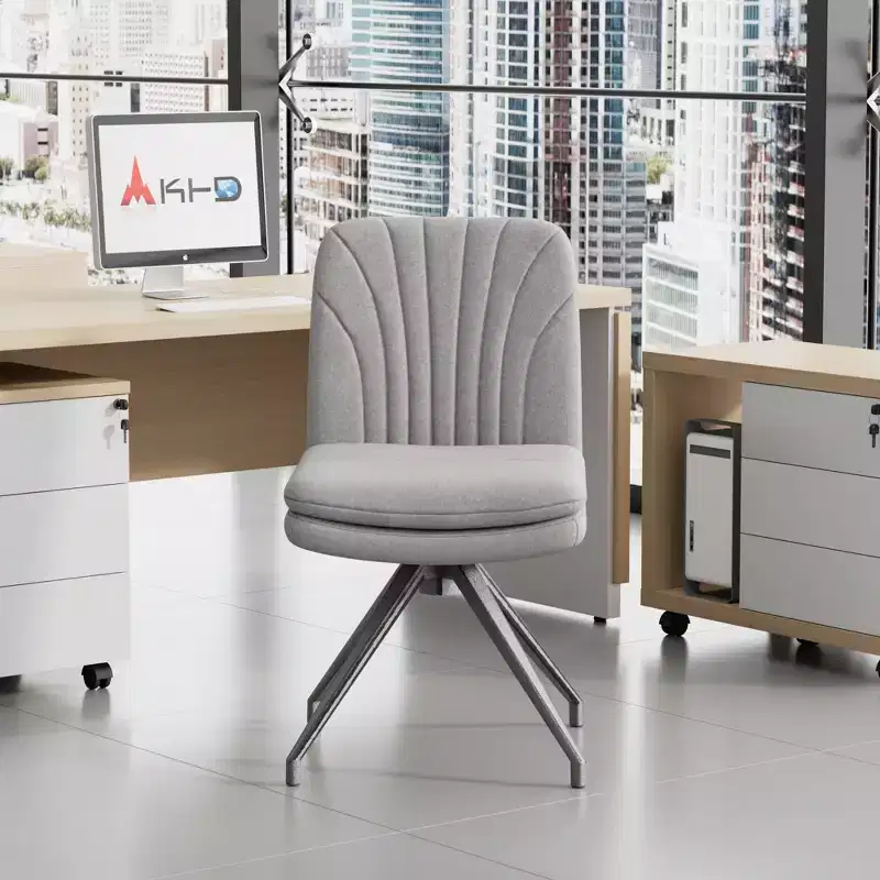 VECELO Upholstered Office Desk Chair Cross Legged Chair with Wide Padded Seat, Modern Computer Task Chair Gray/Beige