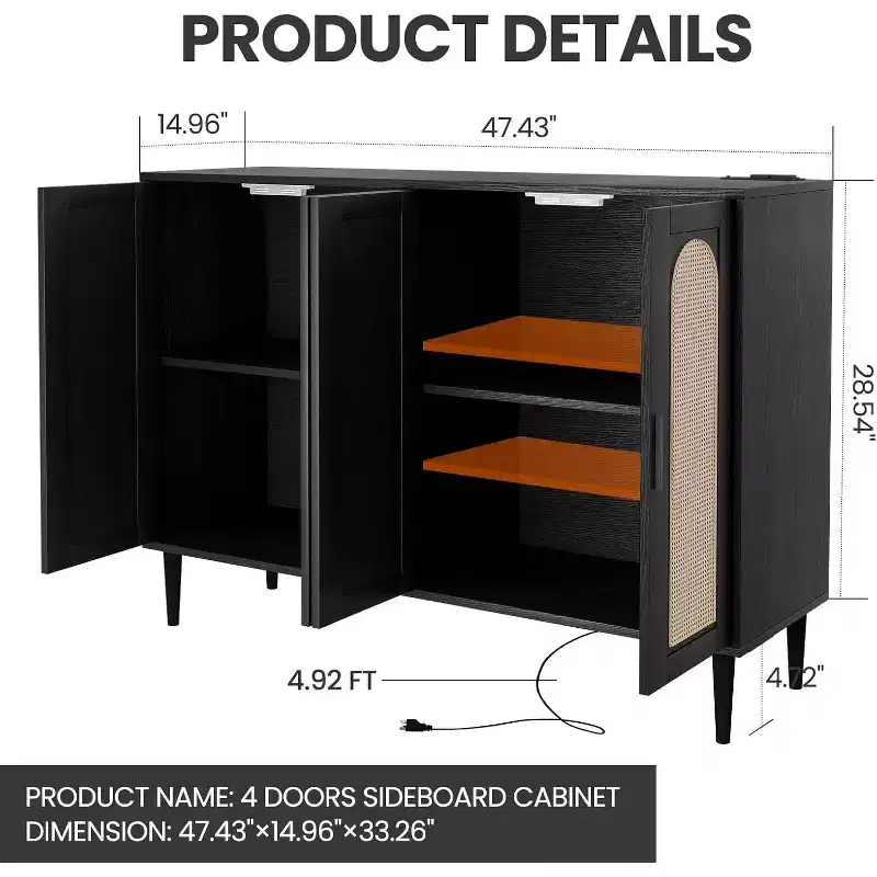 47.4 Rattan Sideboard Buffet Cabinet, Wooden Side board Accent Buffet With Power Outlet, Wood Sideboard With 4 Doors