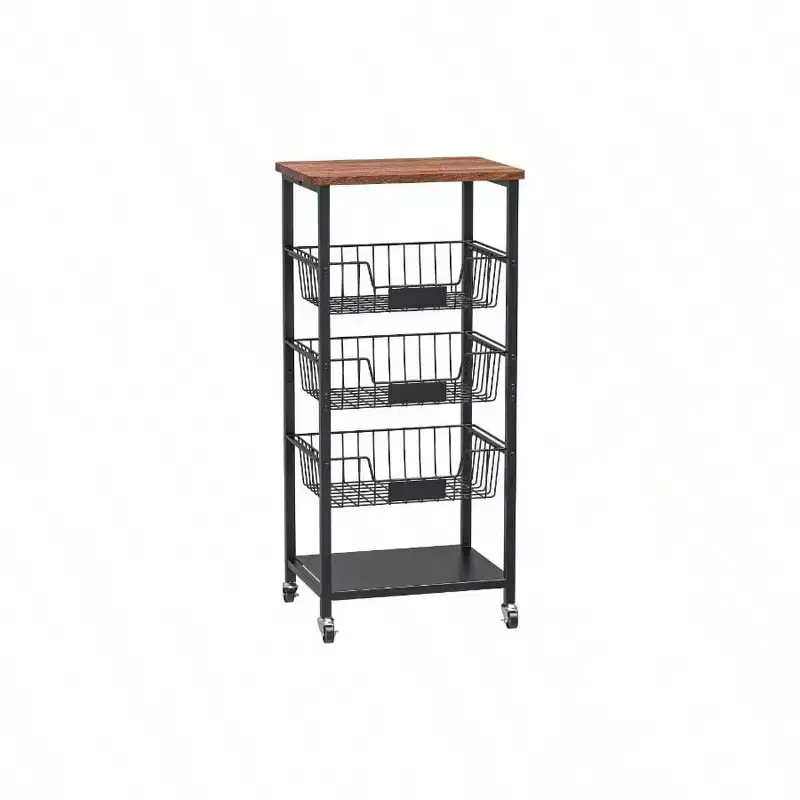 Kitchen Storage Cart with 5 - Tier Baskets, Wood Top, Rolling Snack Cart, Metal Black, Easy to Move, Durable Storage Solution