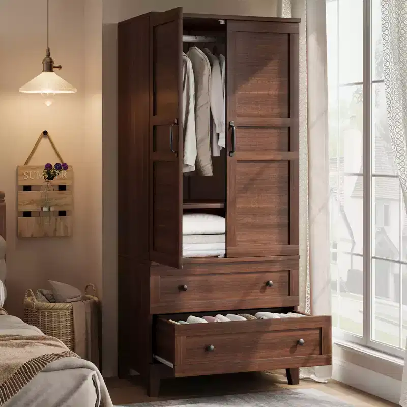 Armoire Wardrobe Closet with 2 Drawers,72 Wooden Tall Clothing Wardrobe Cabinet with Hanging Rod, Armoire with Doors Adjustable Shelves for Bedroom