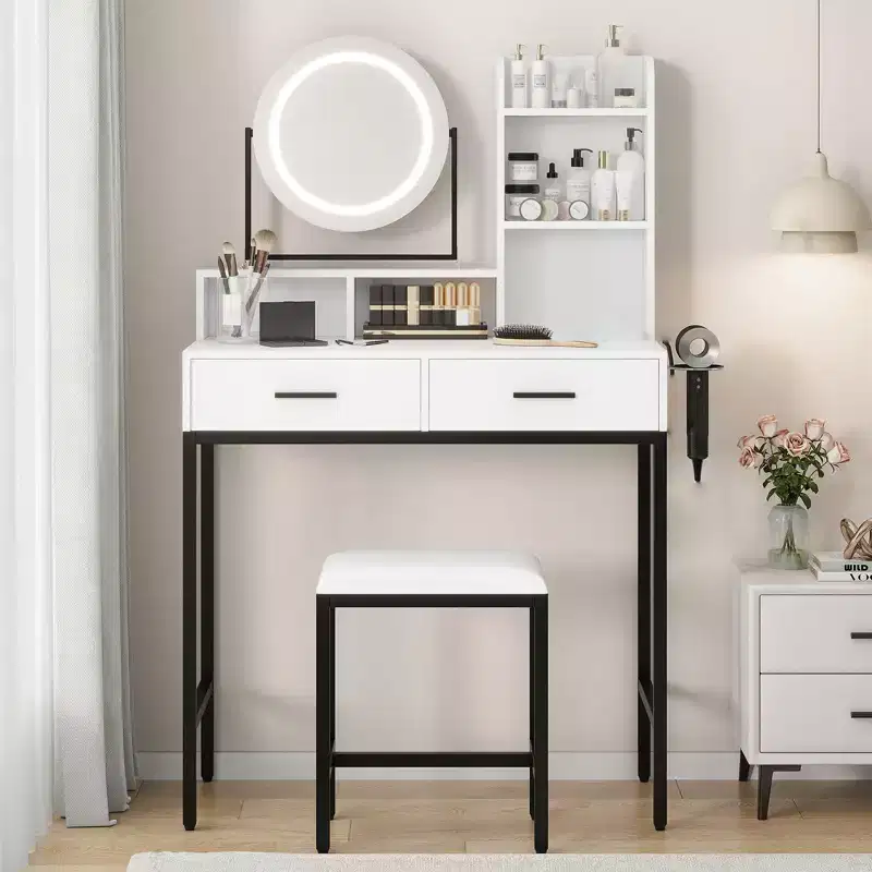 Makeup Vanity Desk with Adjustable Rotating Mirror, 29W Large Dressing Table with 2 Drawers & Stool, Modern Makeup Vanity Table for Bedroom