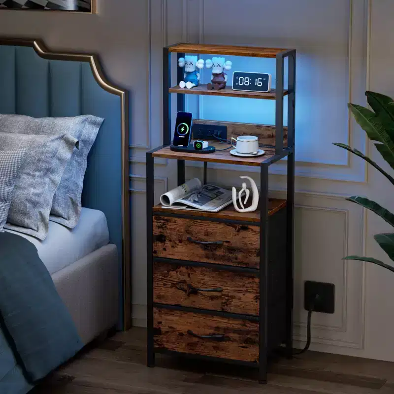 Tall Brown Nightstand 4 Tier Storage Shelves 3 PU Fabric Drawers Modern Bedside Table Narrow Accent Side End Table Organizer for Bedroom Living Room