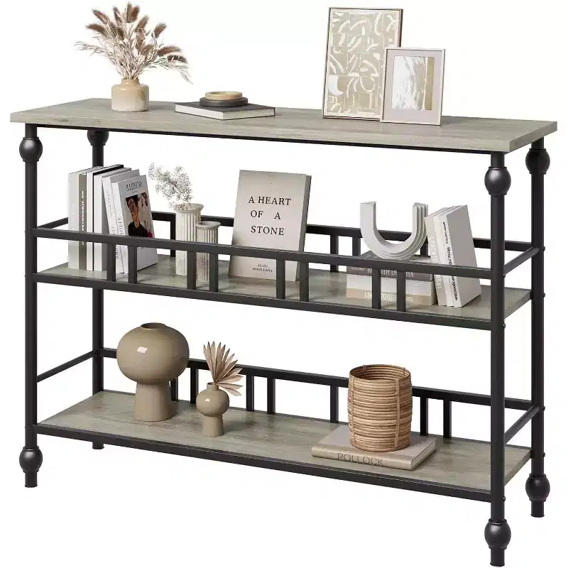 43 Industrial Console Table with 3 Tiers, Narrow Entryway and Sofa Table with Shelves, Space-Saving Design for Hallway, Living Room, Small Areas