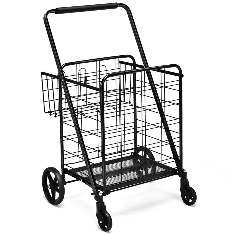 Durable Folding Utility Cart with Jumbo Double Baskets, Black, 330 lb Capacity