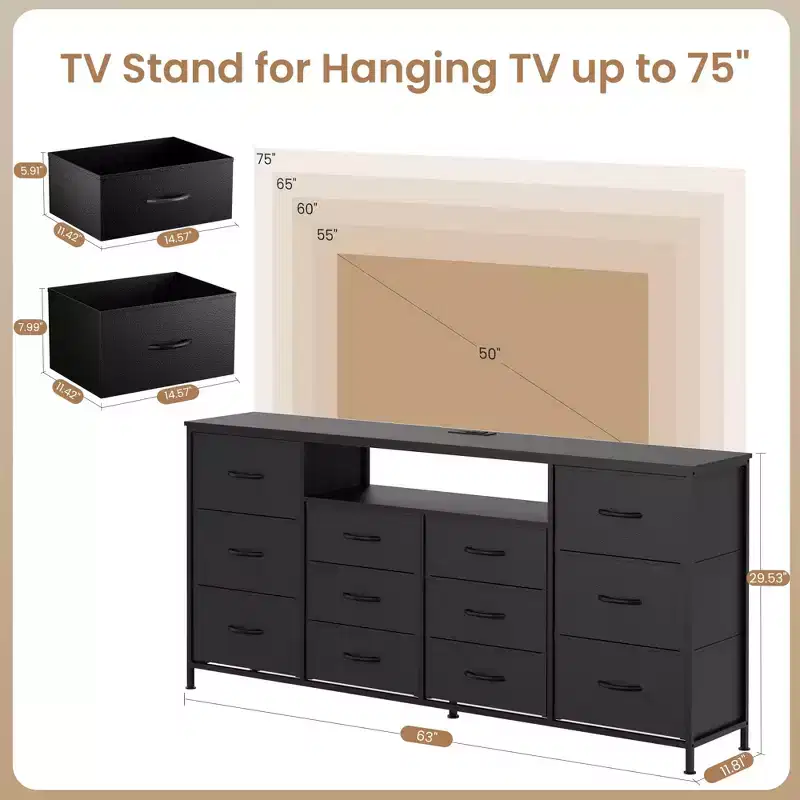 12-Drawer Fabric Dresser, Skinny Chest of Drawers with Charging Station, Led Lights & Metal Frame, Modern Cloth Storage Organizer