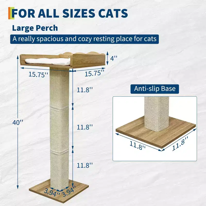 Cat Window Perch, Cat Scratcher - 40 Inch with Sisal Post, Height Adjustable, 2 Wall Shelves, Removable Cushion, Suction Cups for Small Spaces