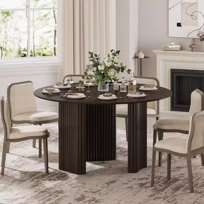 52 Modern Round Dining Table with Striped Column Legs Solid Wood Kitchen Table Anti-Scratch Footpads for Dining Room & Kitchen Bar in Walnut