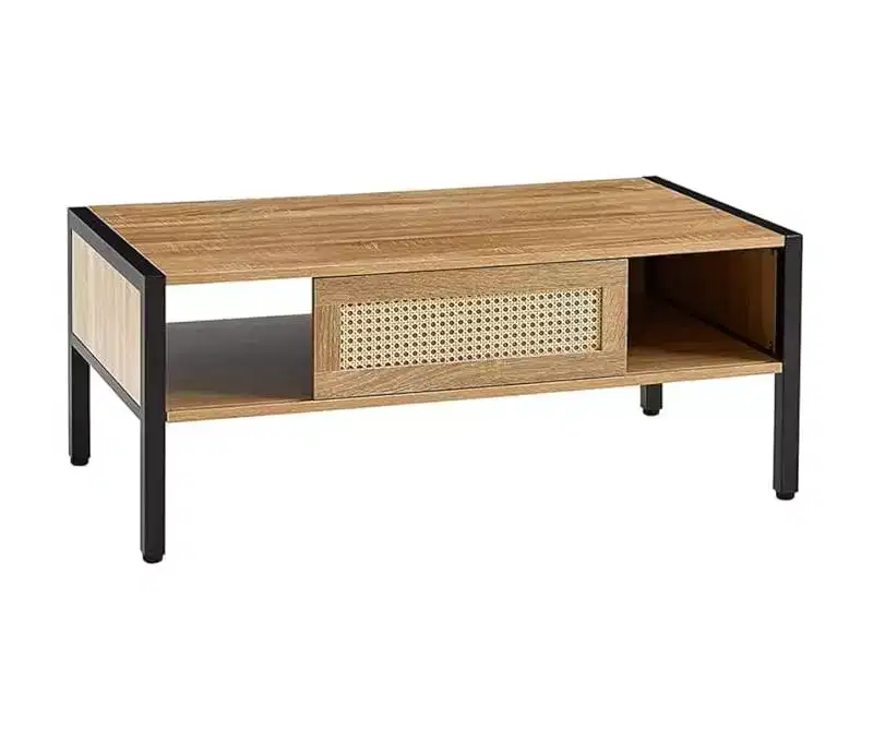 Mid Century Rectangle Coffee Table with Sliding Rattan Door, Open Shelf and Metal Legs