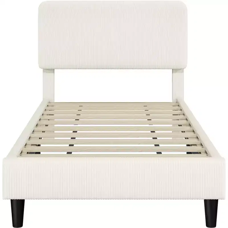 Upholstered Bed Frame with Adjustable Headboard and Mattress Foundation with Wooden Slat Support