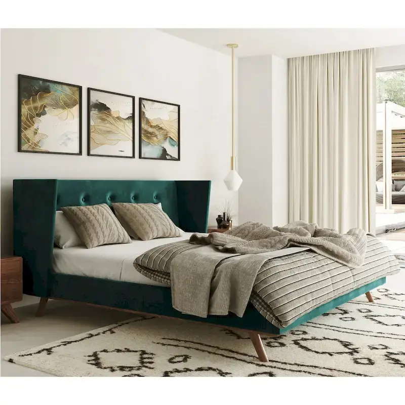 Modern Green Fabric & Walnut Bed