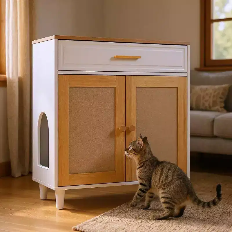 Okak Modern Storage Cabinet with Cat Scratcher, Pantry Cabinet with Storage Drawers, Side Table for Living Room, Hallway, White
