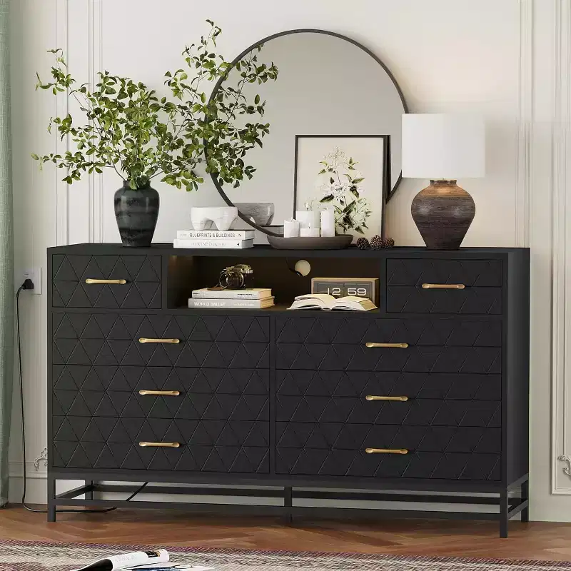 Zstar Modern 8-Drawer Dresser with Built-in USB and AC Charging Stations, LED Lights, Black