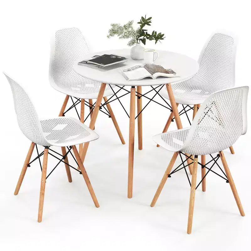 Costway 5 PCS Dining Table Set for 4 Persons Modern Round Table & 4 Chairs with Wood Leg Green/White