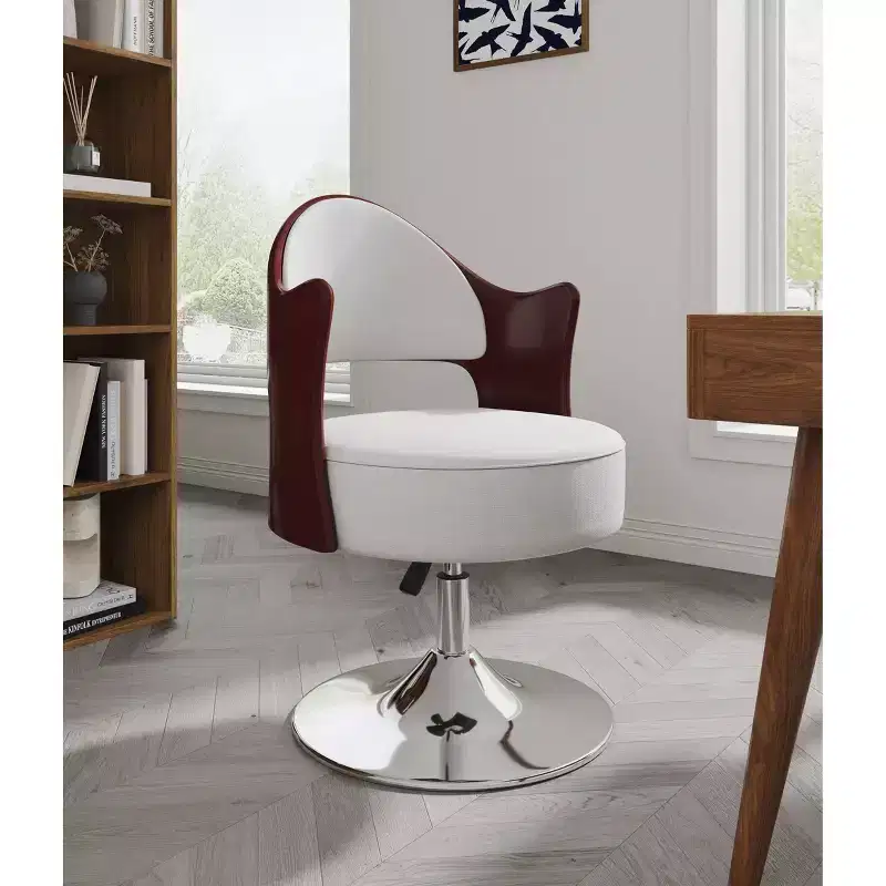 Faux Leather Adjustable Height Swivel Accent Chair with Round Seat Wood Grain Back and Metal Base