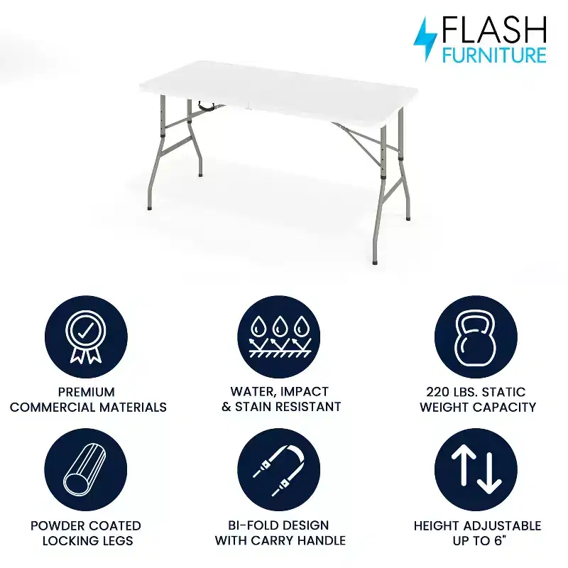 Flash Furniture Kathryn 5-Foot Height Adjustable Bi-Fold Granite White Plastic Banquet and Event Folding Table with Carrying Handle
