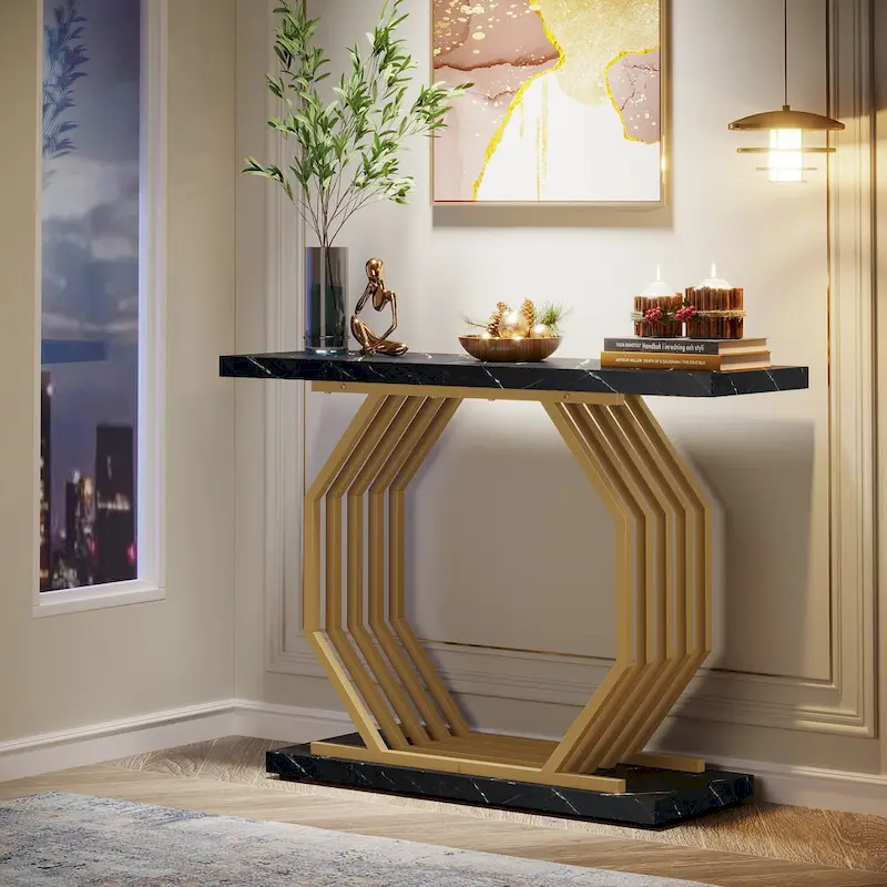 Gold Console Table, Faux Marble Entryway Table Narrow Sofa Table with Geometric Metal Base, 40 Inch Modern Accent Table