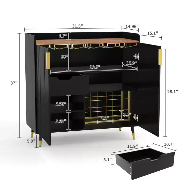 31.5 Wine Bar Cabinet, Wooden Coffee Bar Cabinet with Wine Rack & Glass Holder, Modern Sideboard Buffet Cabinet for Home Living Room Entryway