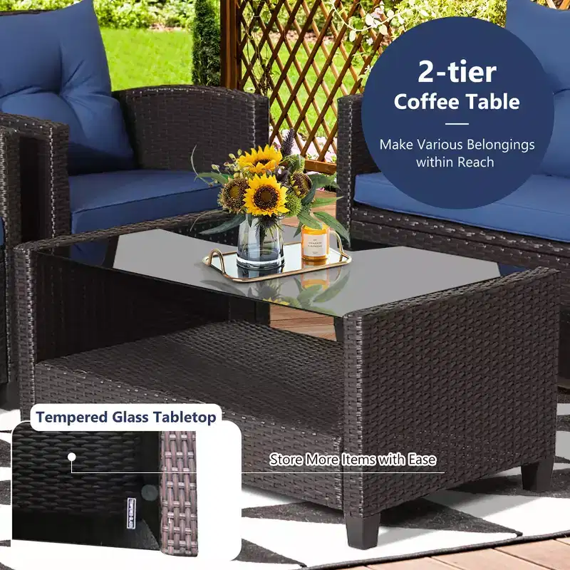 Costway 8 PCS Patio Rattan Furniture Set Glass Table Shelf Sofa Cushion Black/Red/Turquoise/Navy/Gray