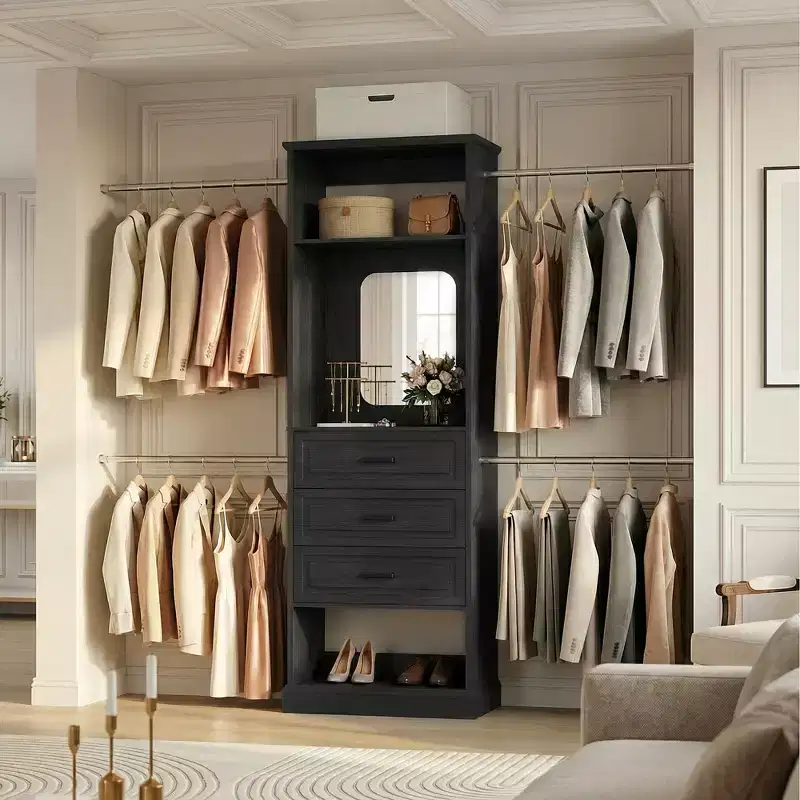 Besiost Closet System with 4 Hanging Rods and 3 Drawers, Closet Organizer with Mirror