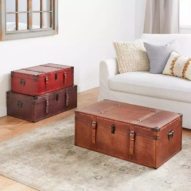 Olivia & May Rectangular Rustic Faux Leather Trunk Coffee Table Brown: Vintage-Inspired Storage Solution, No Assembly Required