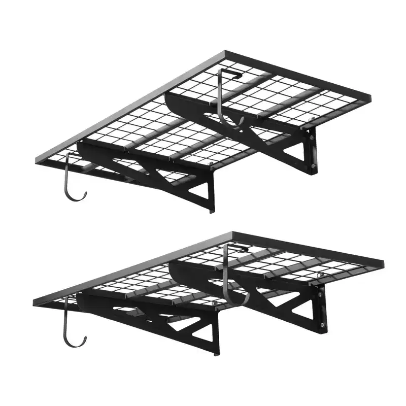 VEVOR 2-Tier Heavy Duty Wall Garage Shelving, 2 x 4 ft Steel Wall Mounted Shelving Unit with Hooks, 24x48 In Floating Storage Metal Rack,500 lbs,Black
